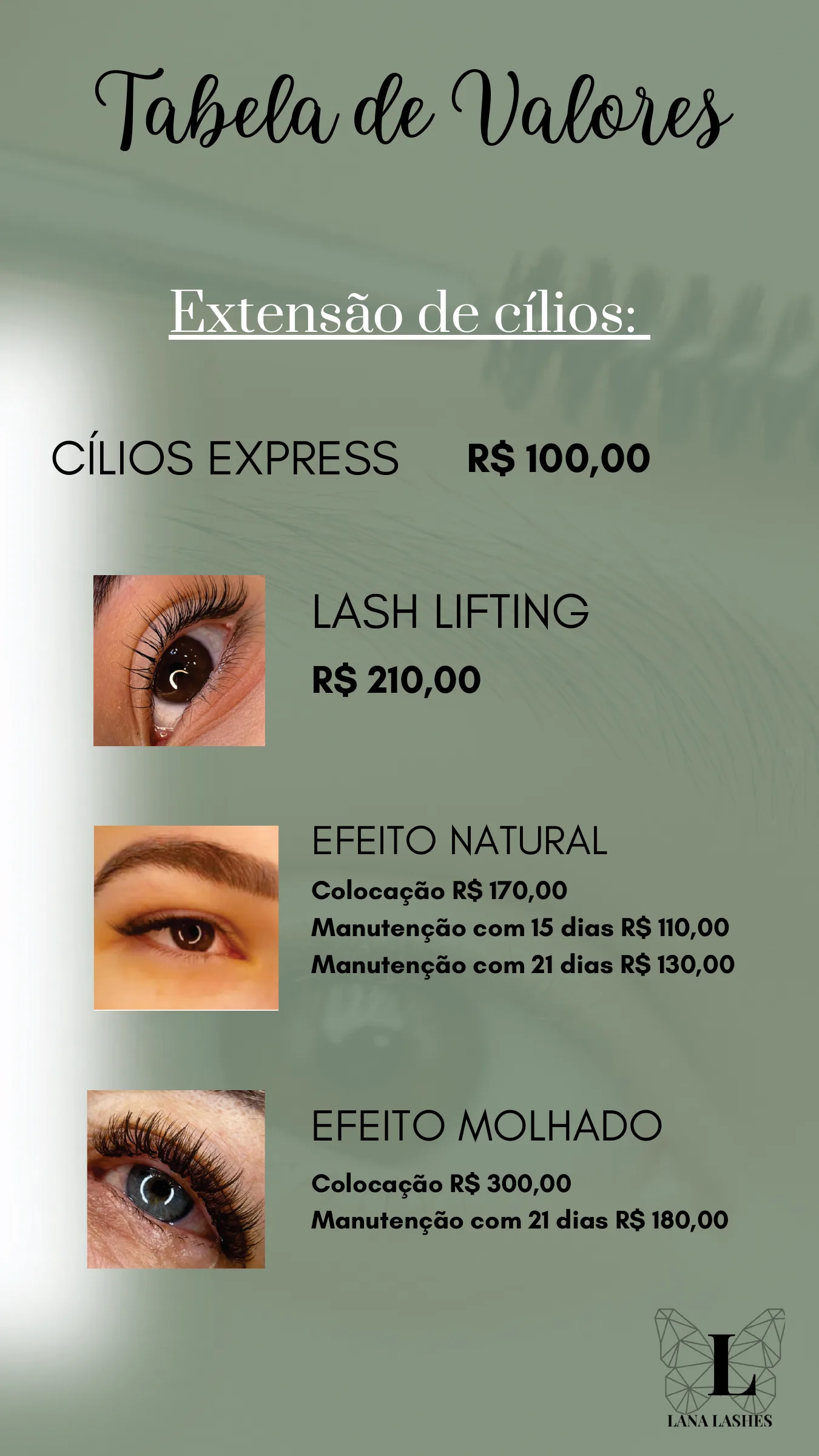 Tabela de valores Lana Lashes, página 1
